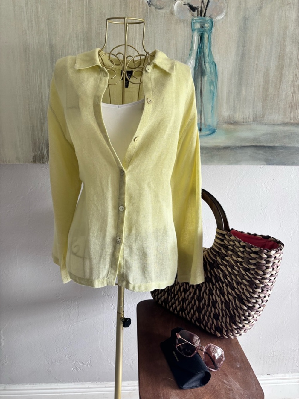 Eileen Fisher 100% Irish Linen Yellow Sheer Button Down Top M Coastal
